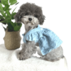 Poodle wearing Light Denim Dress with tag that reads 'Hand Made', pretty light blue, embossed style dress, from Puppy Clothes