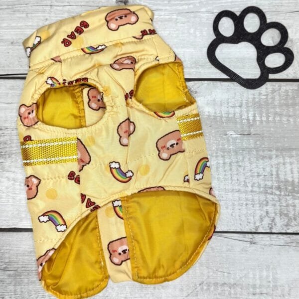 Teddy Print Dog Jacket Yellow Front